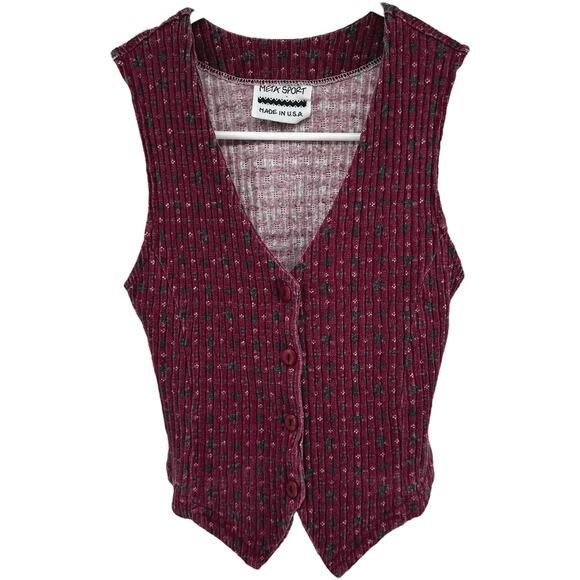 Meta Sport Tops - Vintage Meta Sport Vest Top USA Floral Ribbed Knit  Button Up Tie Red Small